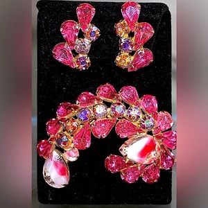 JULIANA FOR KRAMER NY BROACH & EARRINGS PINK AURORA BOREALIS PAISLEY VINTAGE